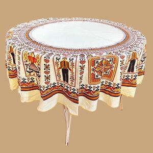 Vintage Cream and Brown Folk Art slightly oval round Tablecloth